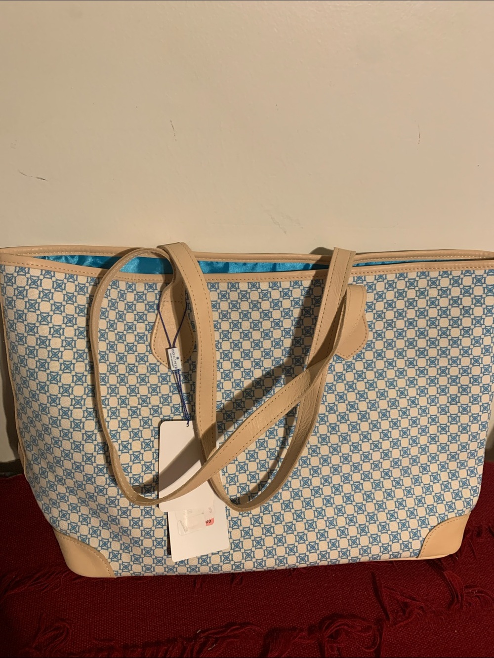 Canvas Tote with Beige Trim and Blue Patterned Body
